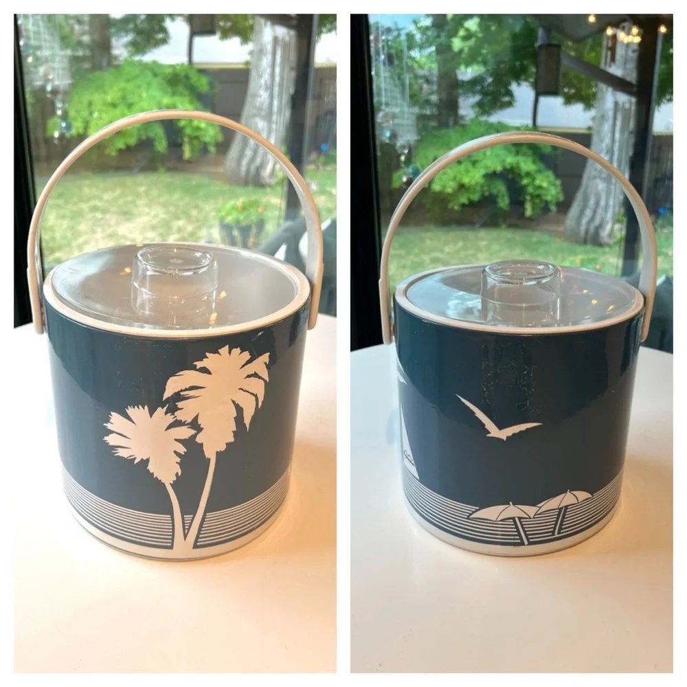 MCM Rare Mid Century Modern Vintage Ice Bucket Vinyl Palm Trees Beach Ocean